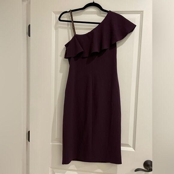 EUC Ralph Lauren Cocktail Dress Embellished Strap Ruffle Aubergine Sz. 4 - Picture 4 of 9